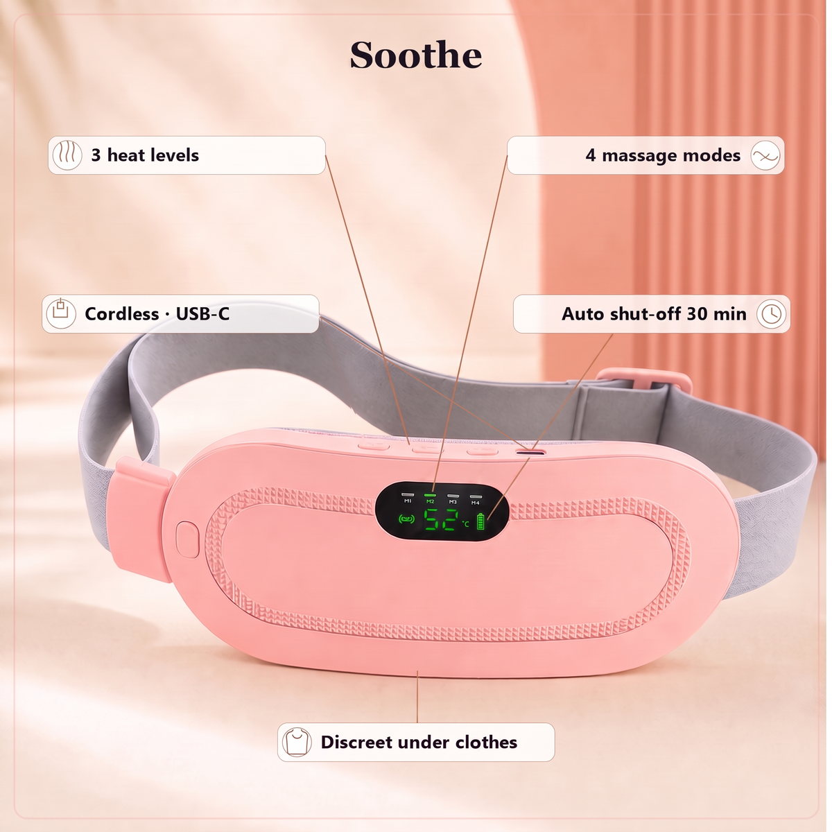 Soothe Relief Belt callout graphic showing 3 heat levels up to 60 degrees Celsius and 4 vibration modes